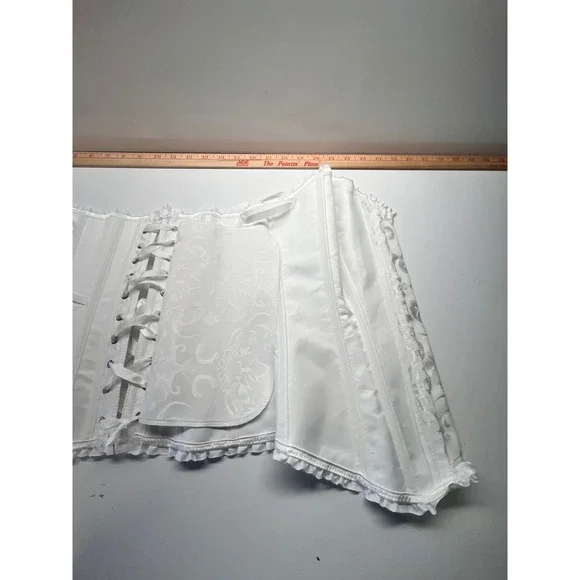 White Brocade Corset Bustier Lace Trim Ribbon Tie Boned Cincher Wtchycore Small - Picture 4 of 7